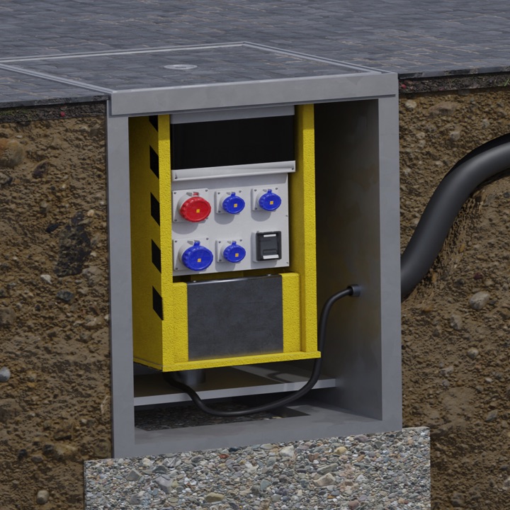 Pop Up Power SuppImage of an in-ground unt with the hinged lid closed